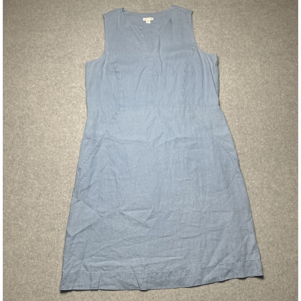 J. Jill 100% Linen Light Blue Sleeveless V Neck Dress W/ Pockets Size Small Tall